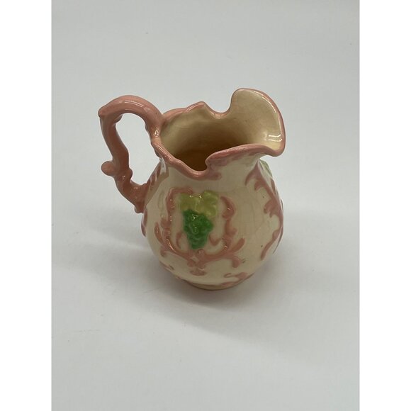 Small Vintage Hand-Painted Ewer/Pitcher Cream, Pink & Green Raised Design w/Hand - Picture 5 of 5